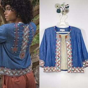 Souk Indigo Blue Hand Embroidered Open Jacket Chambray Size Large